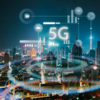 Modern city with smart 5G wireless communication network concept .