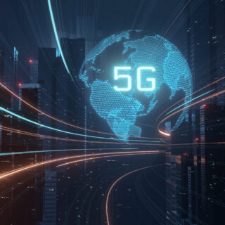 3D Rendering of 5G text glowing over hologram globe and mega city background. Concept of high speed next generation network. Telecom technology innovation