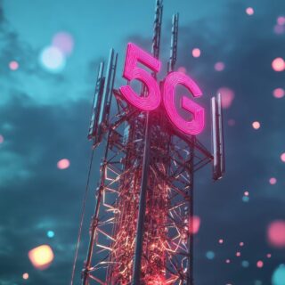 Futuristic 5G Network Tower Enhancing Urban Communication Infrastructure with Digital Connectivity Streams