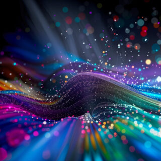 Abstract flowing fluid light particles colorful spectrum smooth curve on black background in concept technology, science.