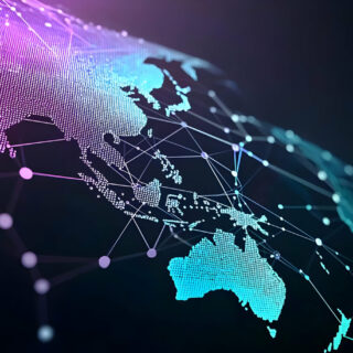 Abstract 3D Illustration of the World Map with Interconnected Dots and Lines in Blue and Purple on a Dark Background