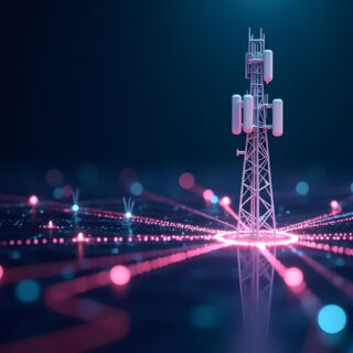 Futuristic 5G Cell Tower Surrounded by Digital Network Nodes and Data Streams