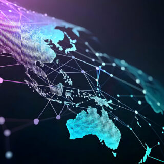 Abstract 3D Illustration of the World Map with Interconnected Dots and Lines in Blue and Purple on a Dark Background
