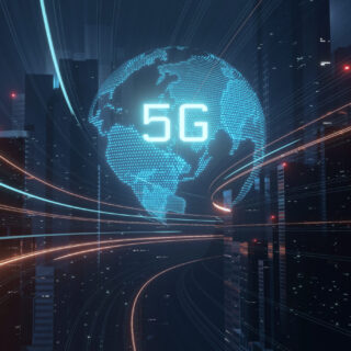 3D Rendering of 5G text glowing over hologram globe and mega city background. Concept of high speed next generation network. Telecom technology innovation