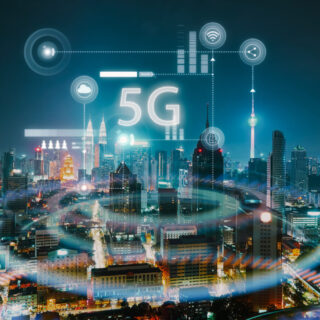 Modern city with smart 5G wireless communication network concept .