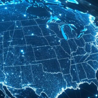 Digital map of North America, showcasing the interconnectedness of the continent through glowing lines and dots, representing communication, technology, and global connections.