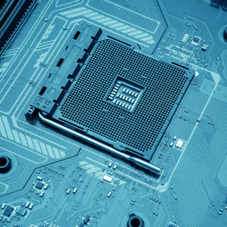 Technology background with computer server semiconductor processors CPU concept blue circuit board texture