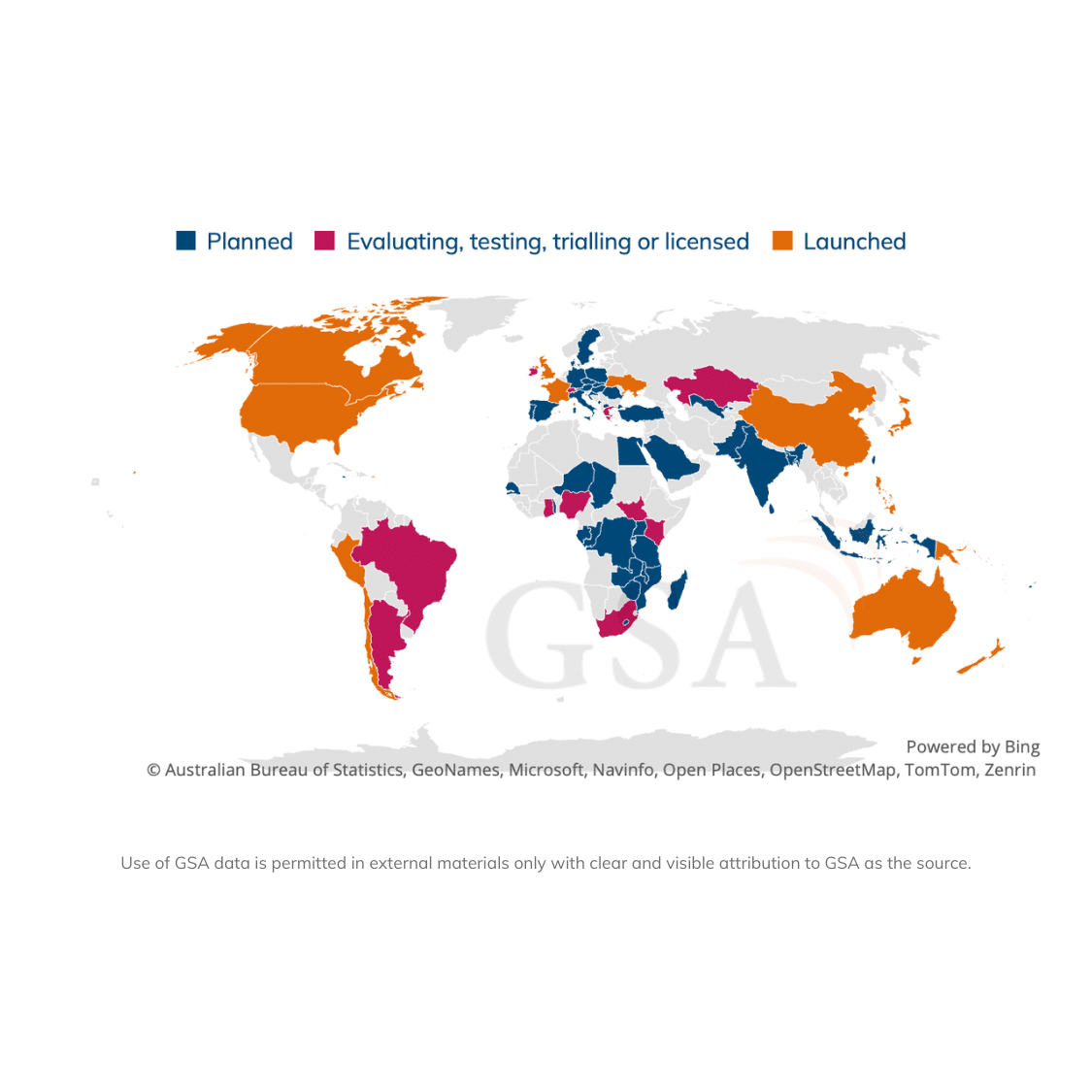 Countries and territories with satellite-to-cellphone partnerships, by status. Note: Data correct as of the end of June 2026.